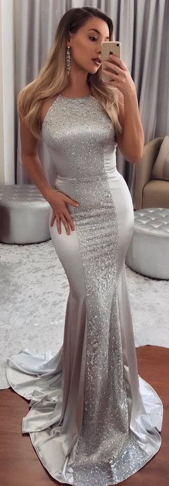 Rohza Silver Halter Neck Evening Dress